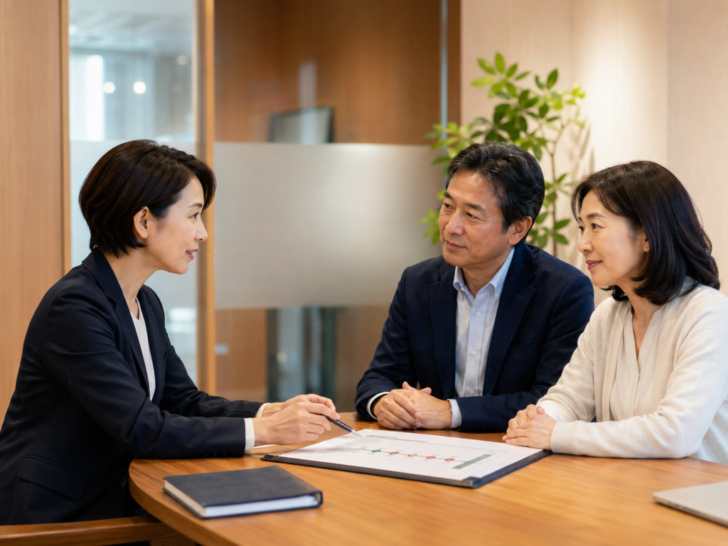 浜松市の事業承継について個別相談する経営者夫婦と女性アドバイザー